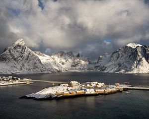 Preview wallpaper island, mountains, snow, sea, houses