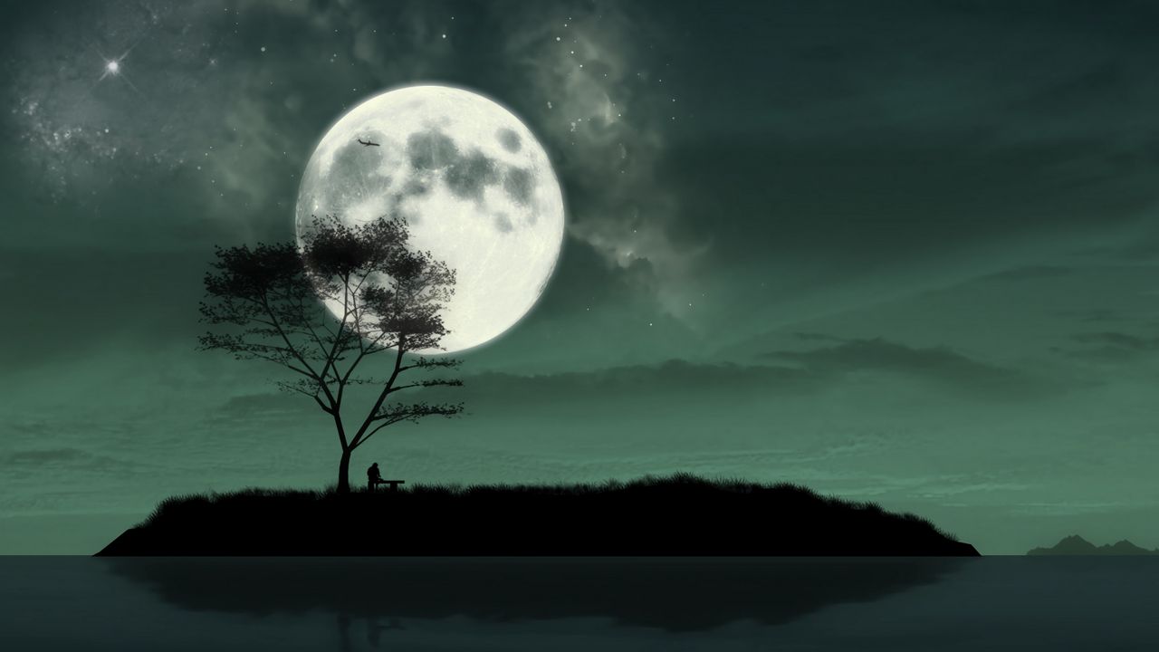 Wallpaper island, night, moon, silhouette, loneliness, art