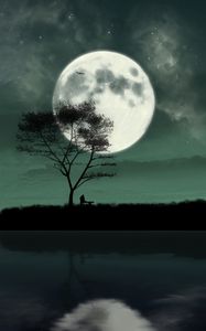 Preview wallpaper island, night, moon, silhouette, loneliness, art