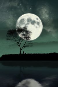 Preview wallpaper island, night, moon, silhouette, loneliness, art