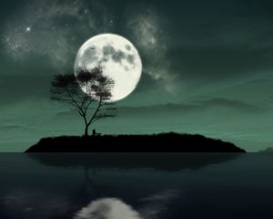 Preview wallpaper island, night, moon, silhouette, loneliness, art