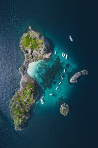 Preview wallpaper island, ocean, aerial view, boats, water