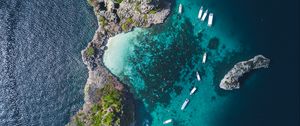 Preview wallpaper island, ocean, aerial view, boats, water