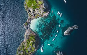 Preview wallpaper island, ocean, aerial view, boats, water