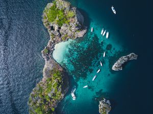 Preview wallpaper island, ocean, aerial view, boats, water