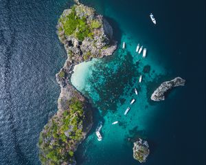 Preview wallpaper island, ocean, aerial view, boats, water