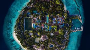 Preview wallpaper island, ocean, aerial view, buildings