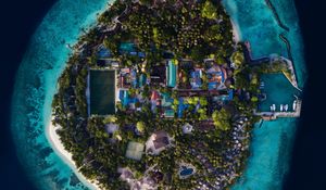 Preview wallpaper island, ocean, aerial view, buildings