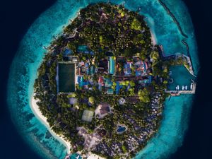 Preview wallpaper island, ocean, aerial view, buildings