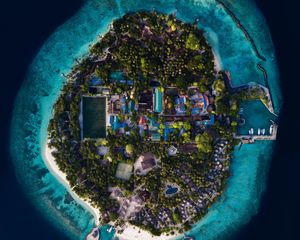 Preview wallpaper island, ocean, aerial view, buildings