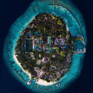 Preview wallpaper island, ocean, aerial view, buildings