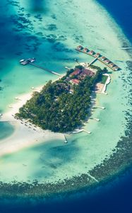 Preview wallpaper island, ocean, bungalow, palm trees, top view, tropics, paradise