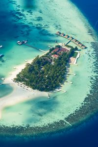 Preview wallpaper island, ocean, bungalow, palm trees, top view, tropics, paradise