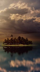 Preview wallpaper island, palm trees, ocean, clouds, overcast, cloudy