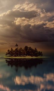 Preview wallpaper island, palm trees, ocean, clouds, overcast, cloudy