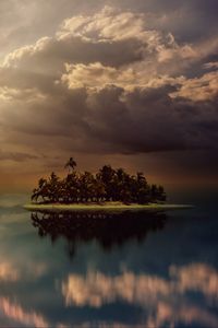 Preview wallpaper island, palm trees, ocean, clouds, overcast, cloudy