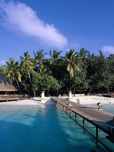 Preview wallpaper island, palm trees, pier, canopy, shadows, lamps, azure