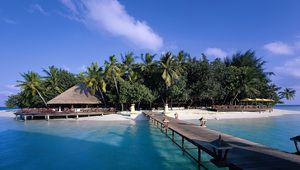 Preview wallpaper island, palm trees, pier, canopy, shadows, lamps, azure