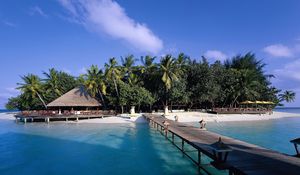 Preview wallpaper island, palm trees, pier, canopy, shadows, lamps, azure