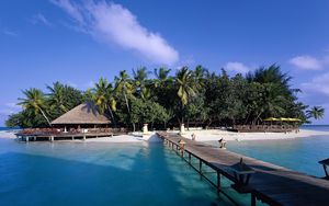 Preview wallpaper island, palm trees, pier, canopy, shadows, lamps, azure