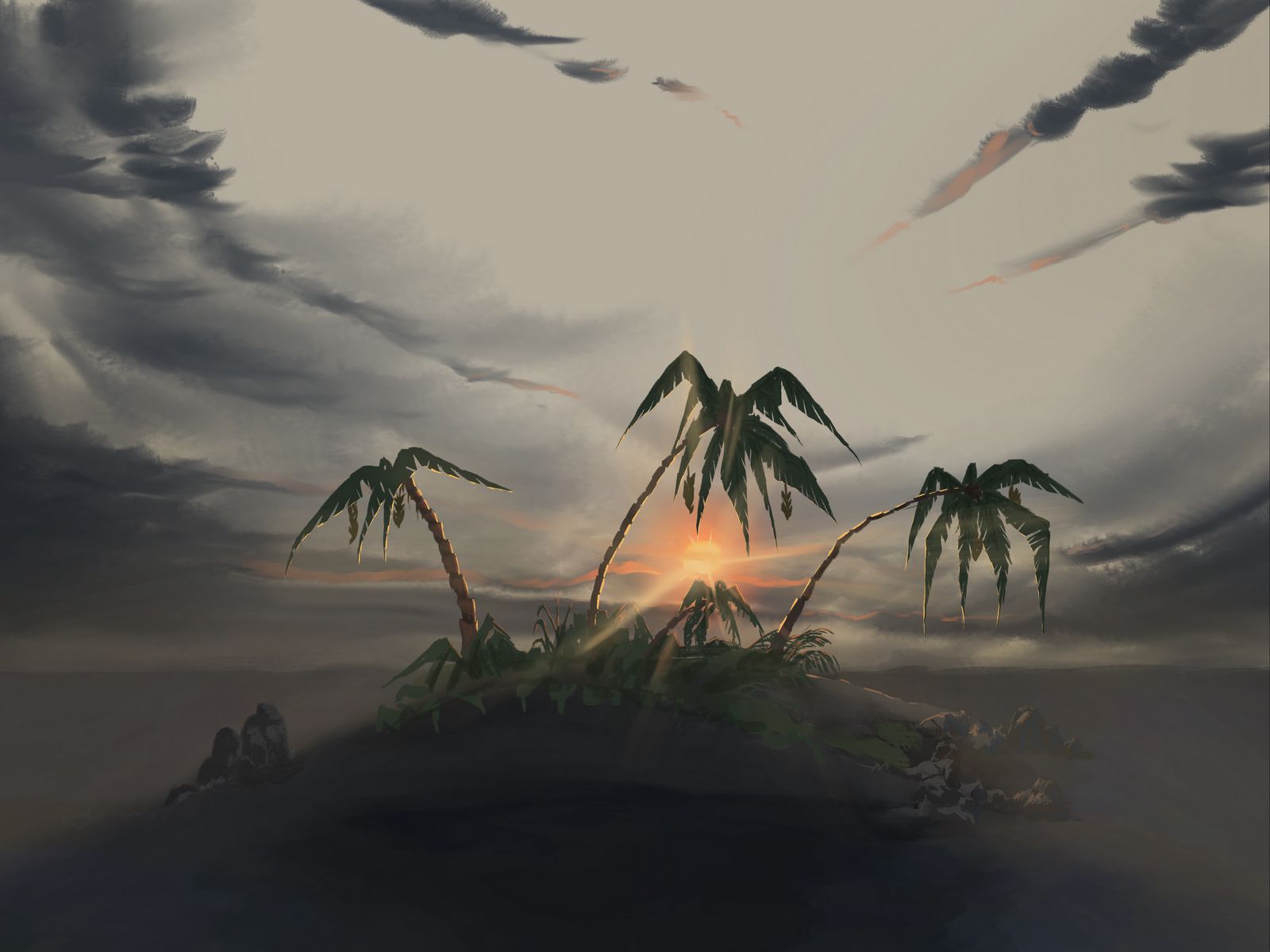 Download wallpaper 1600x1200 island, palm trees, sunset, landscape, art