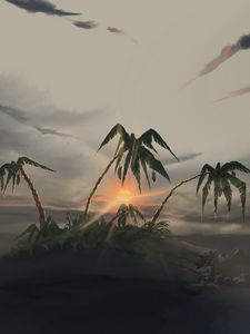 Preview wallpaper island, palm trees, sunset, landscape, art