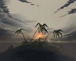 Preview wallpaper island, palm trees, sunset, landscape, art