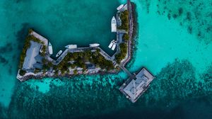 Preview wallpaper island, pier, aerial view, ocean, tropics