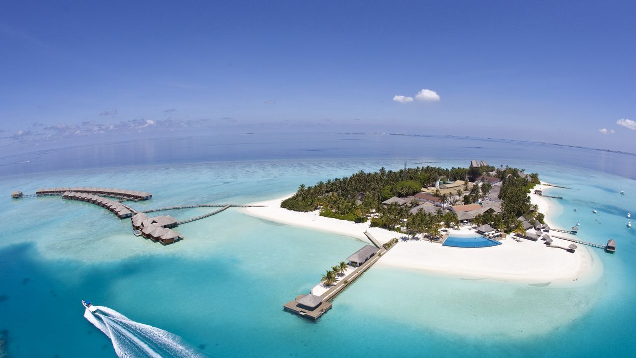 Wallpaper island, resort, land, ocean, palm trees, azure, sky, from above, huts, canopies, pool, boat, paradise, tropics
