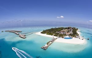 Preview wallpaper island, resort, land, ocean, palm trees, azure, sky, from above, huts, canopies, pool, boat, paradise, tropics