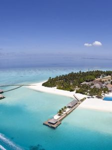 Preview wallpaper island, resort, land, ocean, palm trees, azure, sky, from above, huts, canopies, pool, boat, paradise, tropics