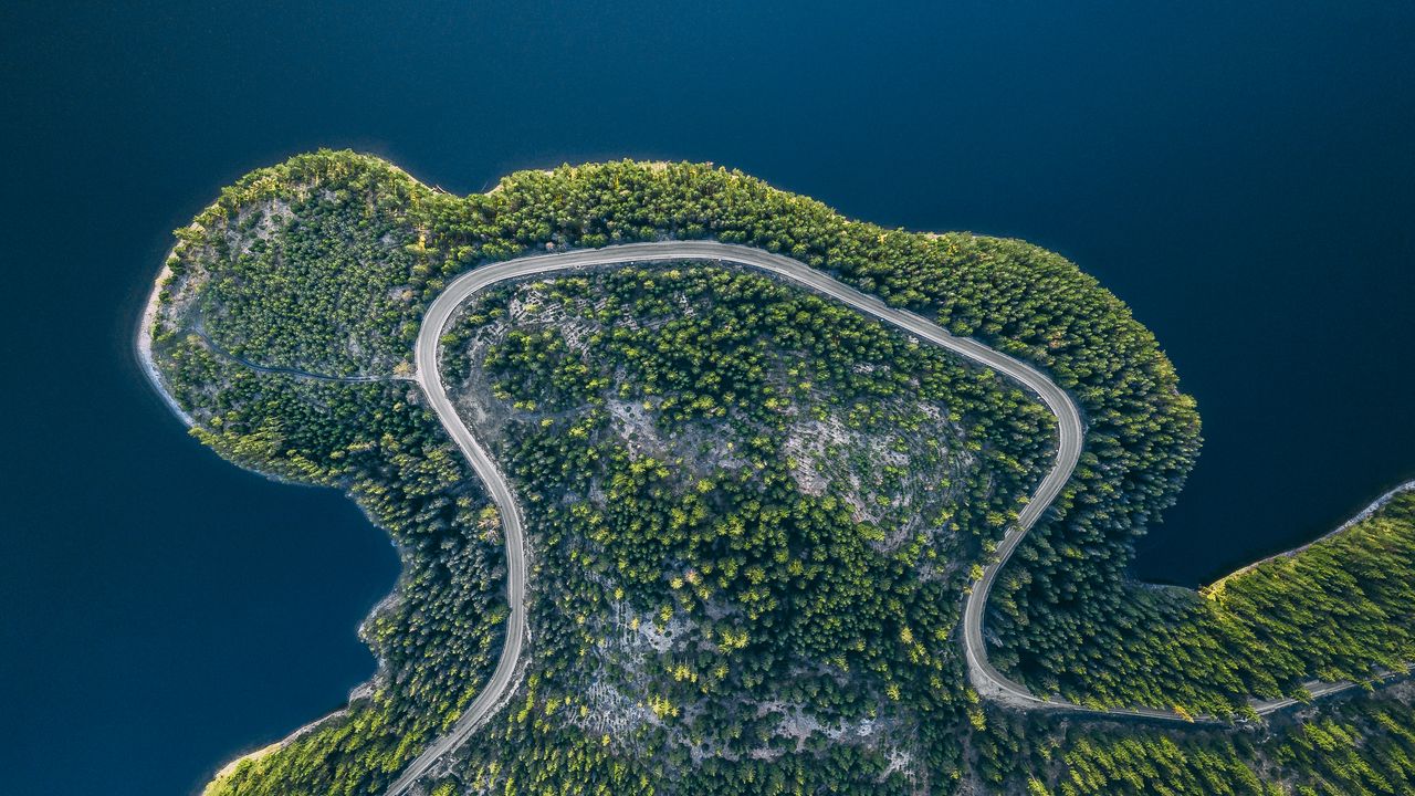 Wallpaper island, road, aerial view, water, land
