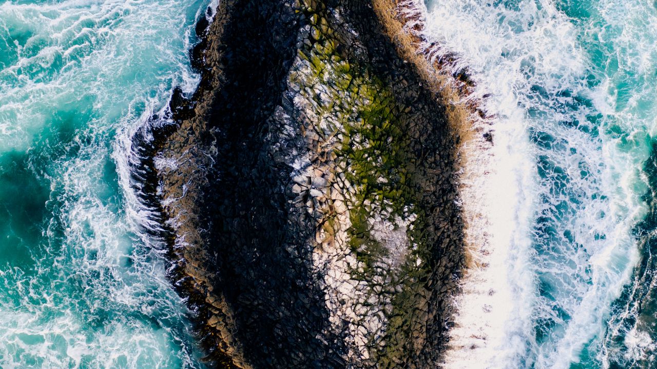 Wallpaper island, rock, aerial view, foam, sea