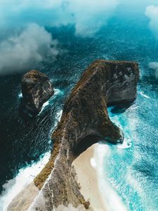 Preview wallpaper island, rock, aerial view, sea, clouds