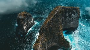 Preview wallpaper island, rock, aerial view, sea, clouds
