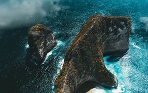 Preview wallpaper island, rock, aerial view, sea, clouds