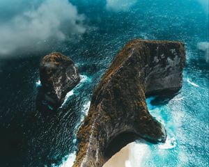 Preview wallpaper island, rock, aerial view, sea, clouds