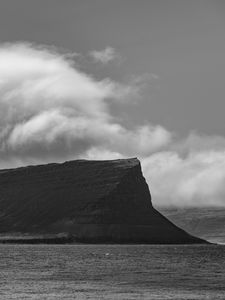 Preview wallpaper island, rock, clouds, landscape, black and white