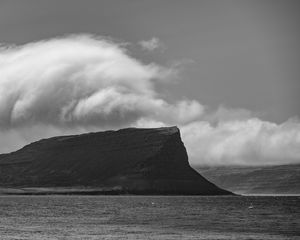 Preview wallpaper island, rock, clouds, landscape, black and white