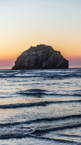 Preview wallpaper island, rock, sea, waves, dusk, landscape