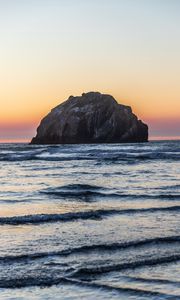 Preview wallpaper island, rock, sea, waves, dusk, landscape