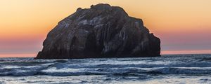 Preview wallpaper island, rock, sea, waves, dusk, landscape