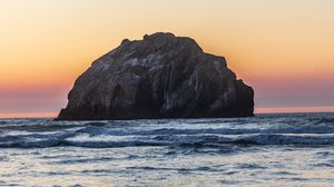 Preview wallpaper island, rock, sea, waves, dusk, landscape