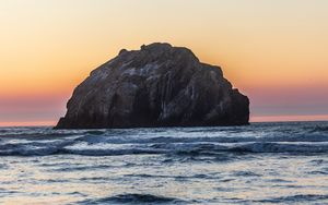 Preview wallpaper island, rock, sea, waves, dusk, landscape