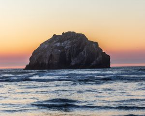 Preview wallpaper island, rock, sea, waves, dusk, landscape