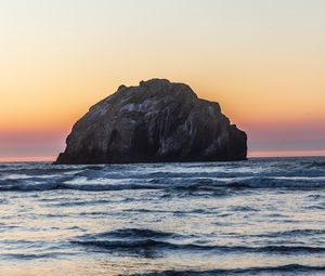 Preview wallpaper island, rock, sea, waves, dusk, landscape