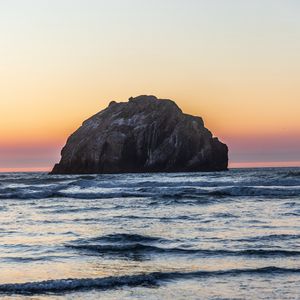 Preview wallpaper island, rock, sea, waves, dusk, landscape