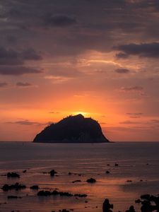 Preview wallpaper island, rock, sunset, sea, dusk, landscape