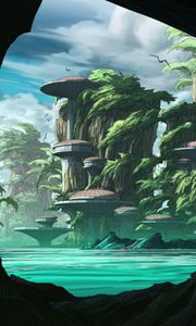 Preview wallpaper island, rocks, buildings, fantasy, sci-fi, art