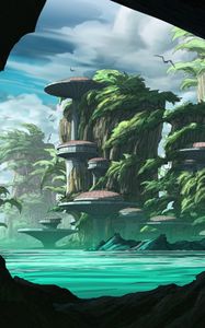 Preview wallpaper island, rocks, buildings, fantasy, sci-fi, art